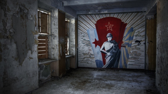 window, abandoned, walls, communism, flag, USSR, interiors, architecture, soldier