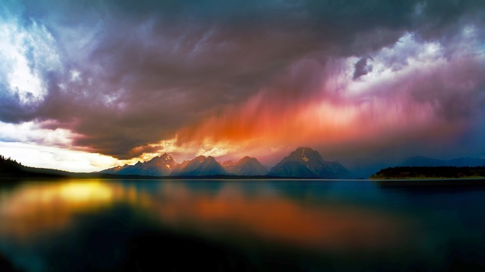 mountain, reflection, storm, colorful, rain, nature, lake, water, clouds, landscape