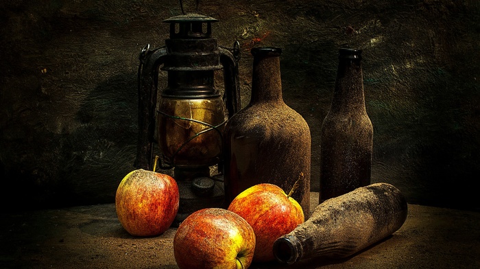 bottles, apples