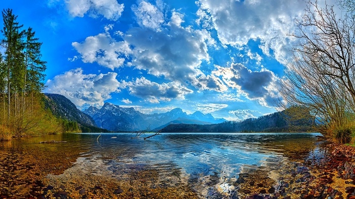 clouds, trees, lake, landscape, mountain, nature