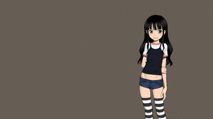 stockings, jean shorts, manga, blue eyes, anime girls, anime, Minadsuki Juzo, dark hair, long hair