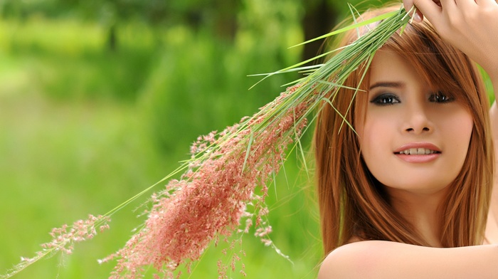 Kathy Cheow, redhead, girl, nature, dark eyes, grass, Asian