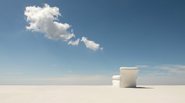 blue, chair, shadow, horizon, white, minimalism, clouds