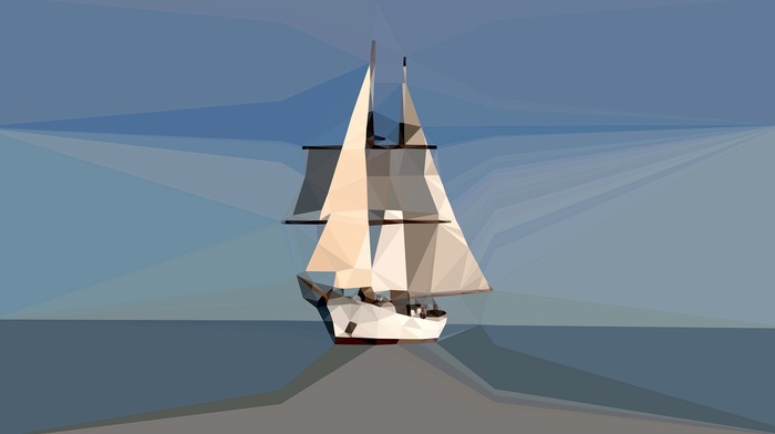 low poly, sailing ship, horizon, blue, minimalism, digital art, sky, sea