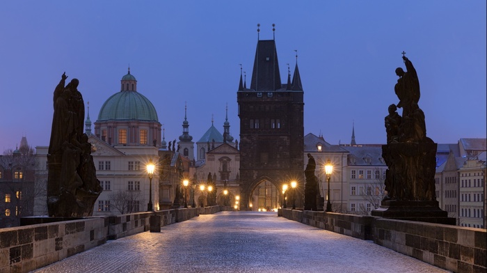 old building, tower, church, street light, cathedral, bridge, Prague, gates, evening, cityscape, architecture, Czech Republic, sculpture