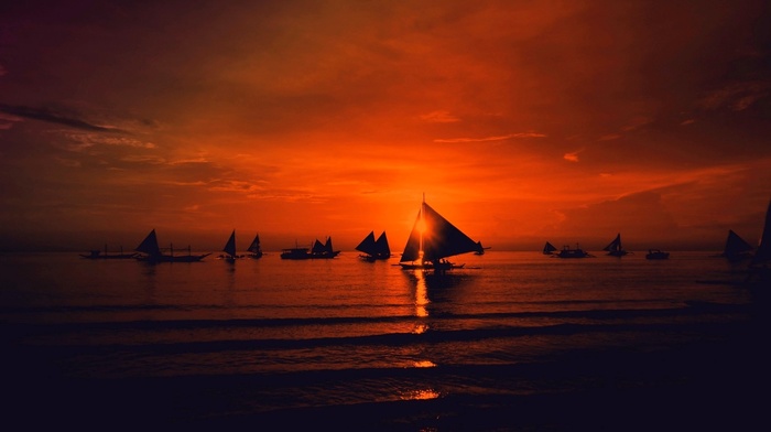 landscape, red sky, sunset, clouds, nature, sea, sailboats