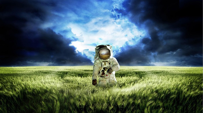 astronaut, space suit, gloves, digital art, clouds, spikelets, nature, field, helmet, photo manipulation