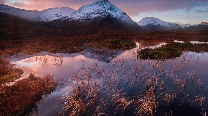 snow, UK, lake, water, reflection, sunset, clouds, mountain, nature, grass, Scotland, landscape
