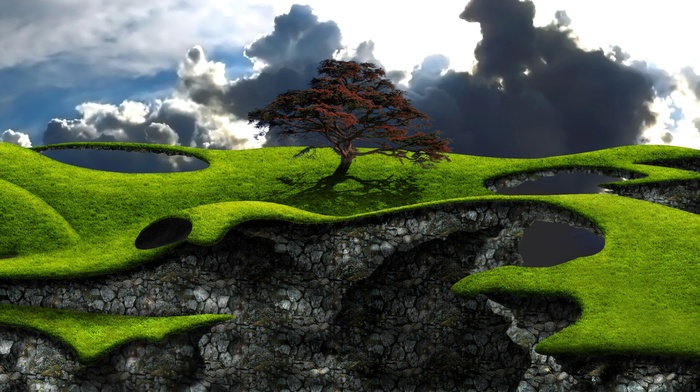trees, floating island, digital art, field, nature, grass, landscape, rock, shadow, clouds
