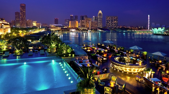 landscape, Singapore, night, lights, swimming pool