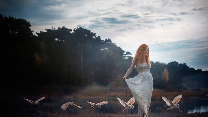 girl, girl outdoors, redhead, animals