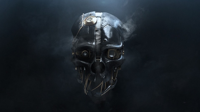 Dishonored, wires, video games, technology, simple background, smoke, skull, Corvo Attano, 3D, metal