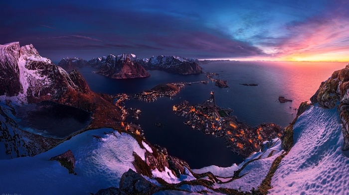 sunrise, nature, Norway, winter, cityscape, island, snow, sea, landscape, mountain