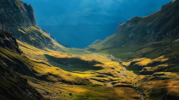 sun rays, grass, mountain, cliff, valley, nature, landscape