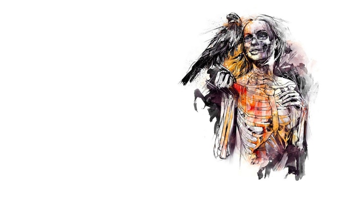 white  background, birds, girl, death, raven, skeleton, drawing, digital art, crow, face, bones