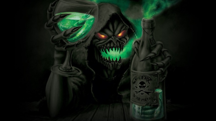 skull, grim reaper, death, bottles, skeleton, glasses, digital art, red eyes
