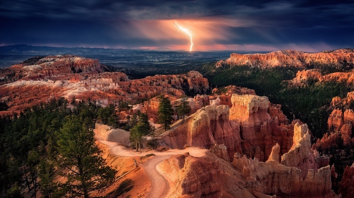 storm, trees, landscape, nature, clouds, lightning, Bryce Canyon National Park