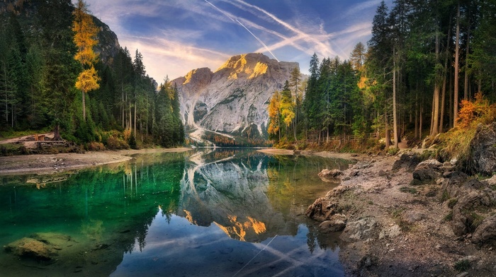 mountain, water, Italy, reflection, summer, forest, sunset, lake