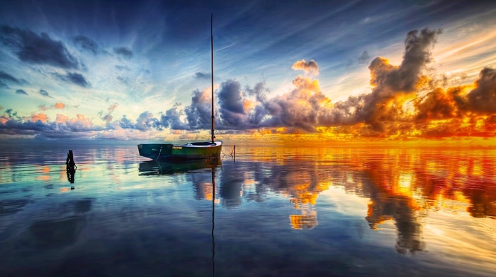 water, nature, reflection, clouds, sunrise, boat, sea, landscape