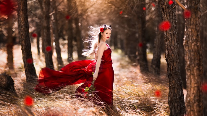 red dress, girl outdoors, girl