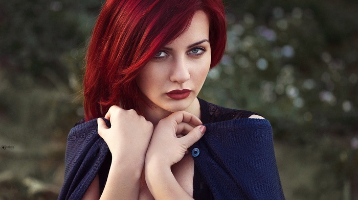 girl, looking at viewer, model, green eyes, cleavage, red lipstick, redhead, goosebumps
