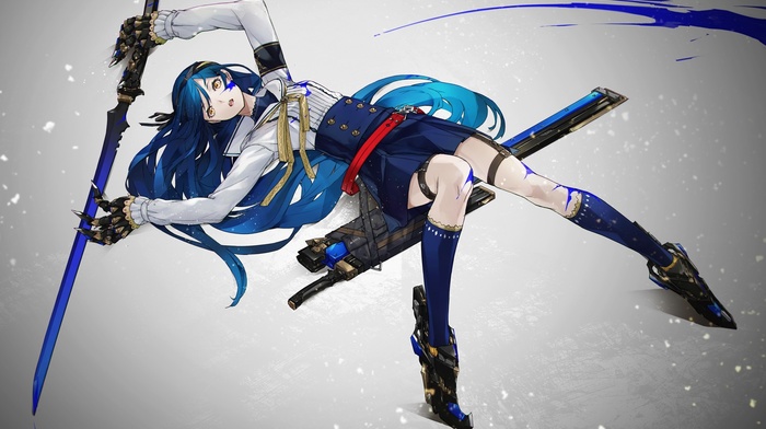 yellow eyes, original characters, blue hair, anime girls, anime, sword, legs