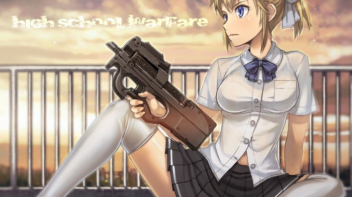 weapon, short skirt, schoolgirls, anime, anime girls, knee, highs