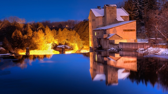lake, building, trees, reflection