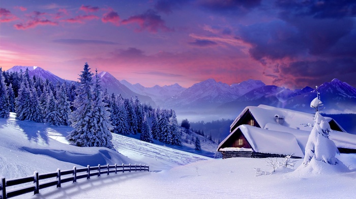 landscape, snow, cabin, mountain, sky, trees, winter