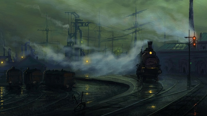 rail yard, painting, artwork, steam locomotive, smoke
