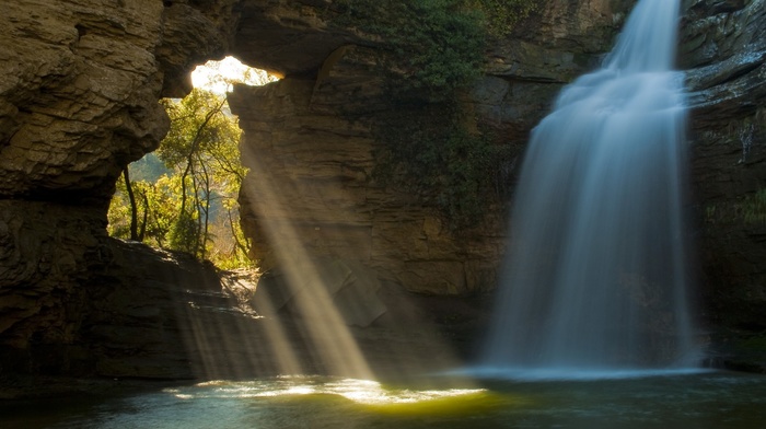 landscape, waterfall, sun rays, nature