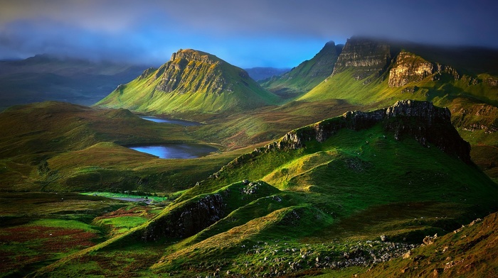 hill, nature, UK, Skye, grass, mountain, Scotland, rock, landscape, clouds, lake