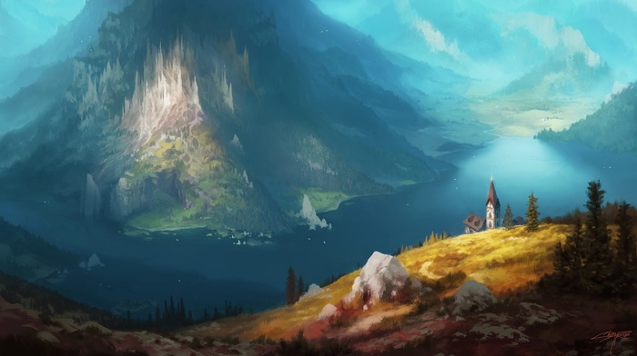 signatures, mountain, painting, lake, forest, hill, nature, rock, church, fantasy art, artwork, trees, drawing