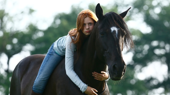 looking at viewer, model, hugging, trees, jeans, nature, horse, animals, redhead, blue eyes, girl, horse riding, girl outdoors, long hair