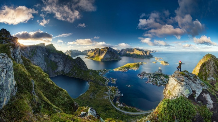Norway, mountain, water, nature, sunrise, cityscape, landscape, anime, island, lake, Lofoten, grass, sea, clouds