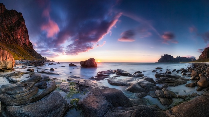 sunset, yellow, Norway, nature, cliff, rock, landscape, clouds, blue, sea, coast, beach, long exposure