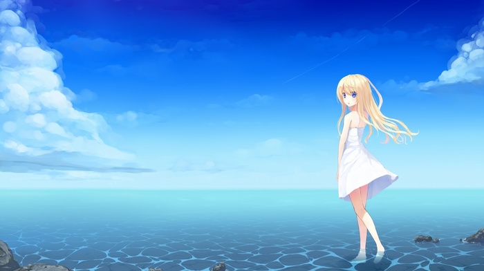 white dress, anime girls, sea