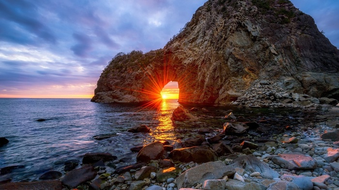 Sun, clouds, rock, nature, Japan