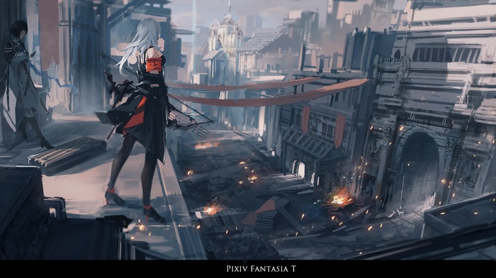 weapon, original characters, bows, anime, white hair, long hair, city, manga, Archer Natus, bow and arrow, anime girls, Pixiv Fantasia, Pixiv Fantasia T, fire