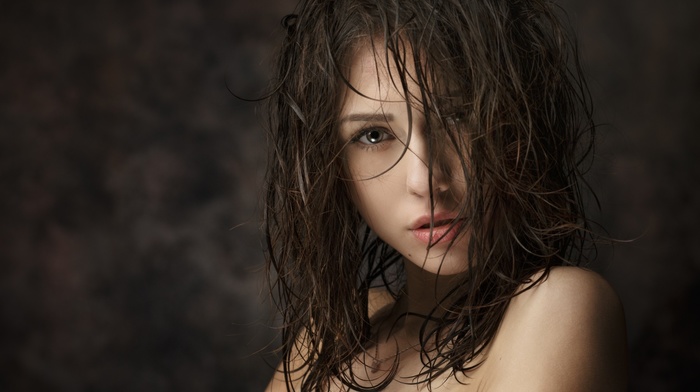 Catherine Timokhina, wet hair, open mouth, brunette, depth of field, face, russian, portrait, girl, long hair, looking at viewer, model, no bra, bare shoulders