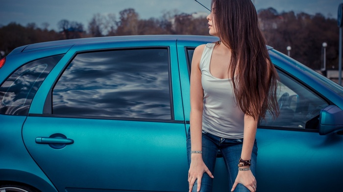 brunette, jeans, girl, car