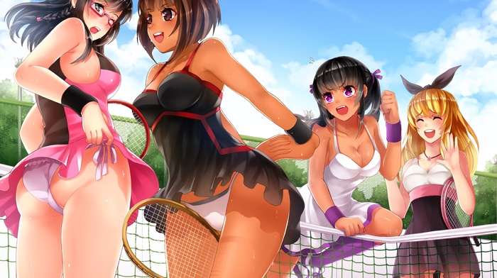 anime, lifting skirt, panties, skirt, anime girls, long hair, tennis rackets, glasses, cleavage, short hair