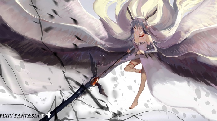 anime, anime girls, Pixiv Fantasia, wings, weapon