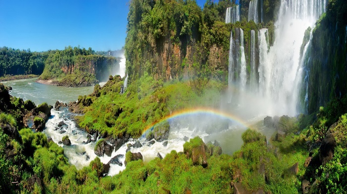 rainbows, nature, landscape, waterfall