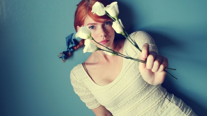 white dress, dress, braids, blue eyes, girl, flowers, redhead