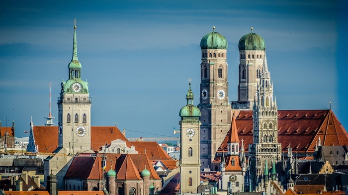old building, cathedral, clock towers, Germany, rooftops, clouds, tower, church, Munich, cityscape, architecture