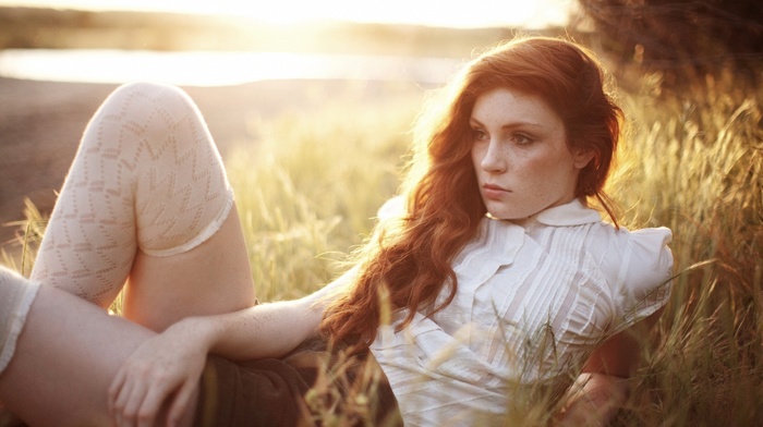 girl, long hair, model, field, redhead