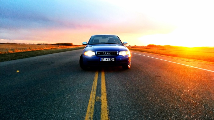 road, sunset, Audi
