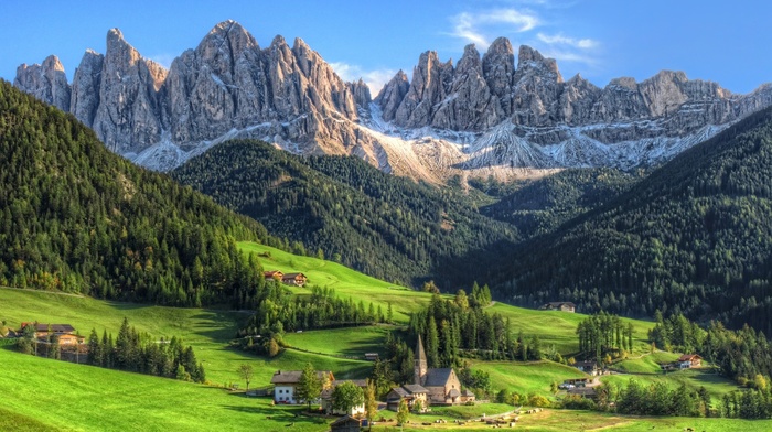 morning, summer, village, green, forest, mountain, landscape, grass, nature, Tyrol