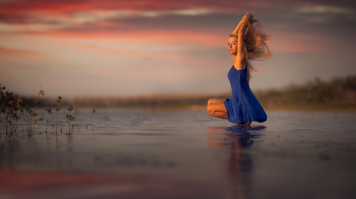 model, girl, blue dress, sunset, blonde